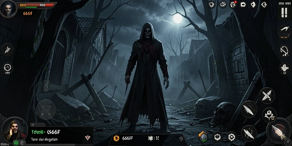 Tangkapan layar menunjukkan suasana menakutkan dalam gameplay 666F.