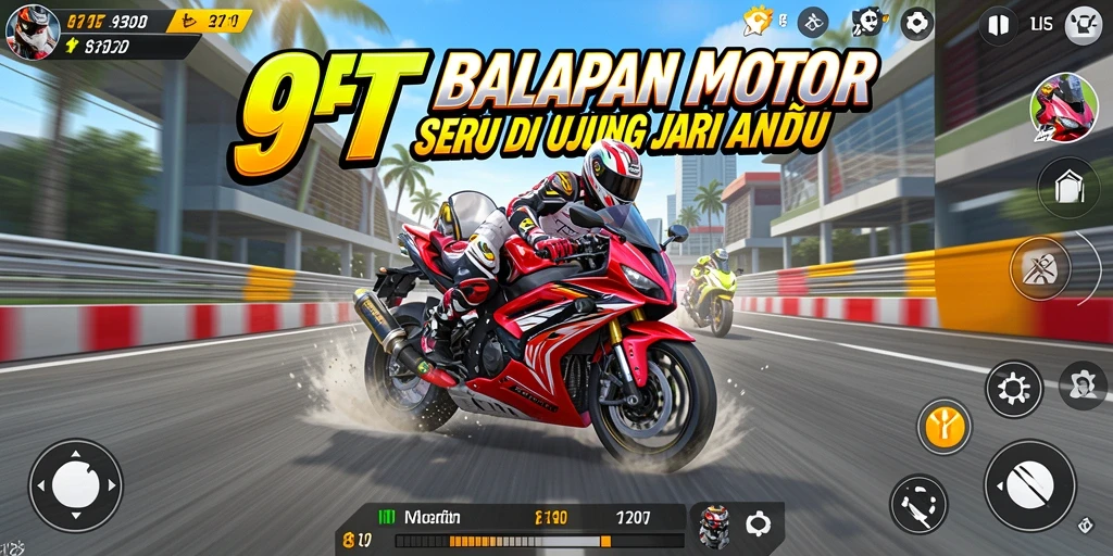 Gamer sedang berlomba dalam trek balapan motor yang mengasyikkan.