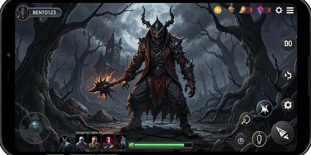 Screenshot gameplay menegangkan BENTO123 saat menjelajahi area angker.