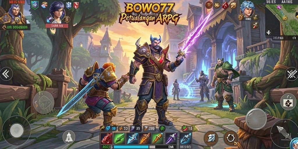 Screenshot BOWO77 menampilkan karakter bertarung melawan monster kuat.