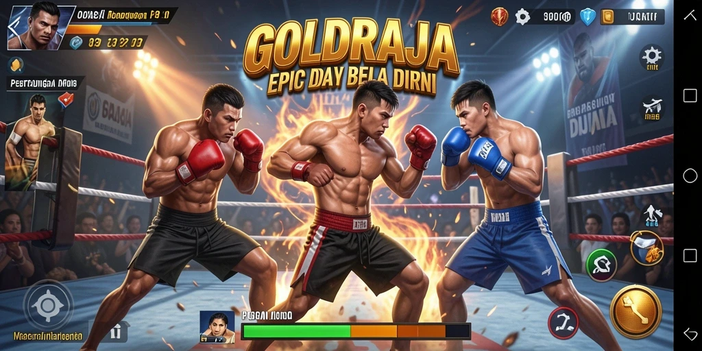 Gameplay epik GOLDRAJA dengan karakter kuat dalam pertarungan.