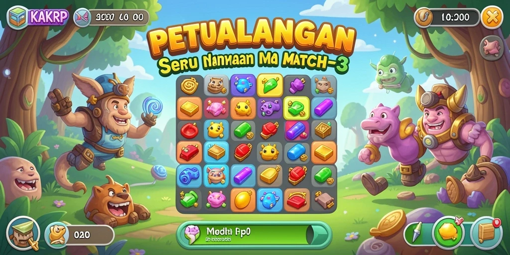 Screenshot KAKRP menunjukkan gameplay seru Match-3 yang penuh warna.
