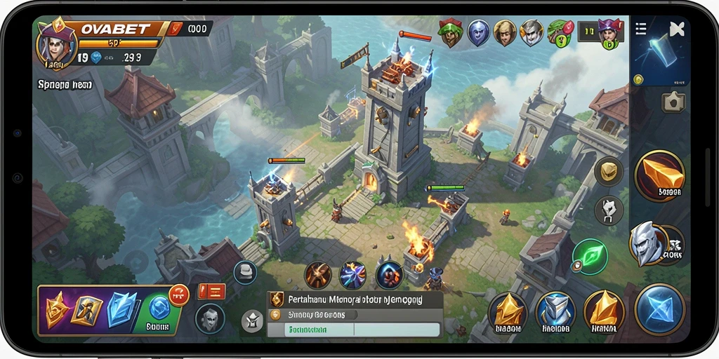 Screenshot gameplay OVABET yang menunjukkan pertempuran menegangkan di Tower Defense.