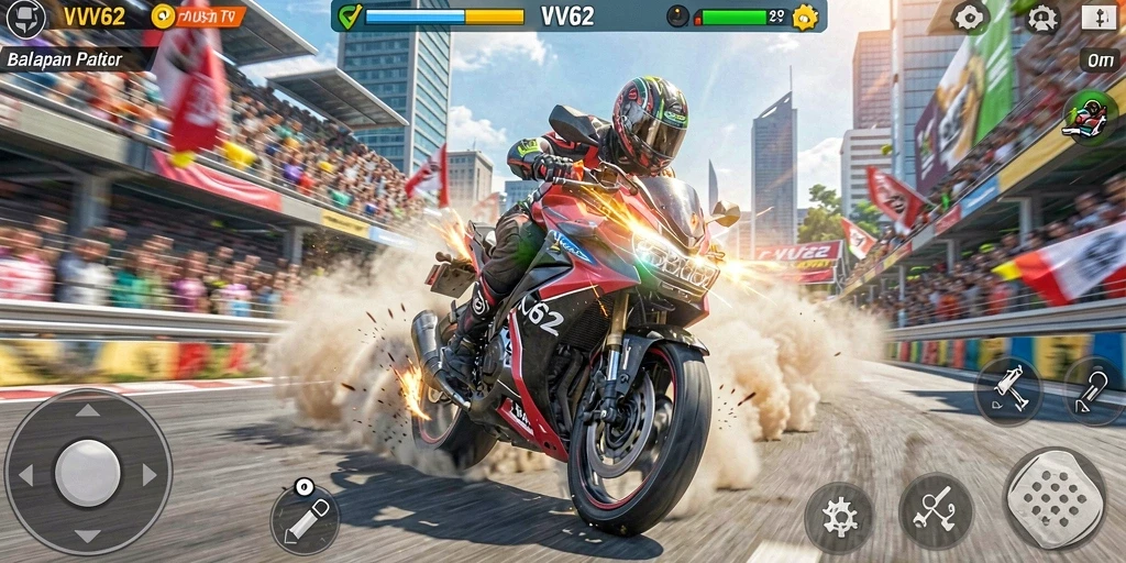 Screenshot gameplay VV62 dengan balapan motor yang mendebarkan.